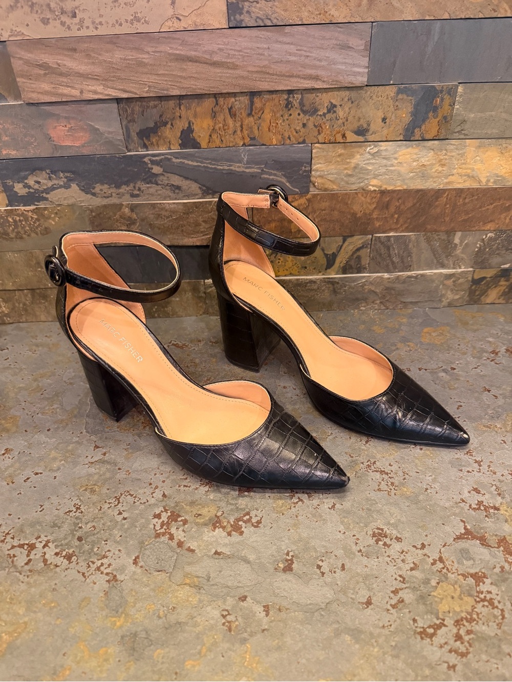 Marc Fisher Size 9.5 Black Croc-Embossed Pointed Toe Ankle-Strap Heels